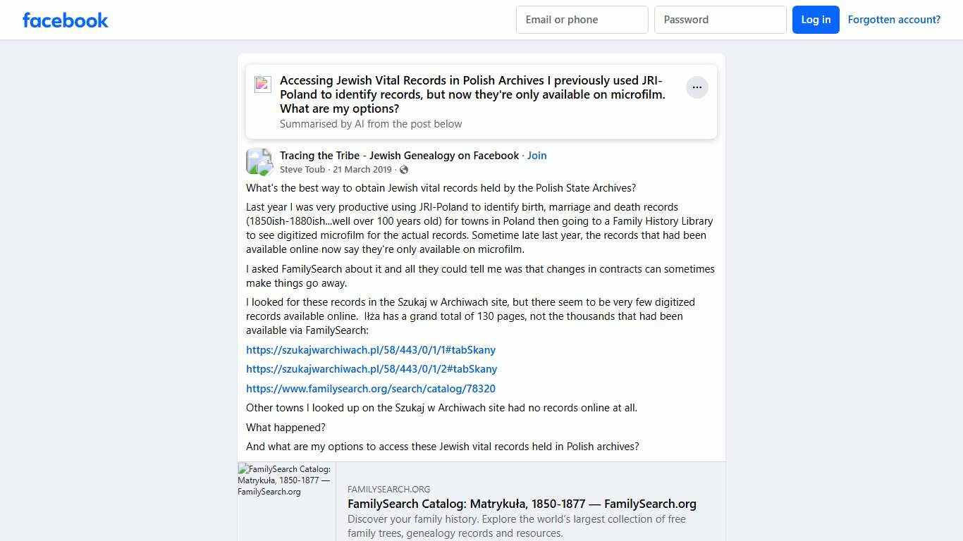 Tracing the Tribe - Jewish Genealogy on Facebook What's the best way to obtain Jewish vital records held by the Polish State Archives Facebook